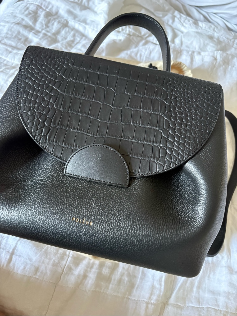 Polène Black Croc-Effect Flap Pebbled Leather Backpack